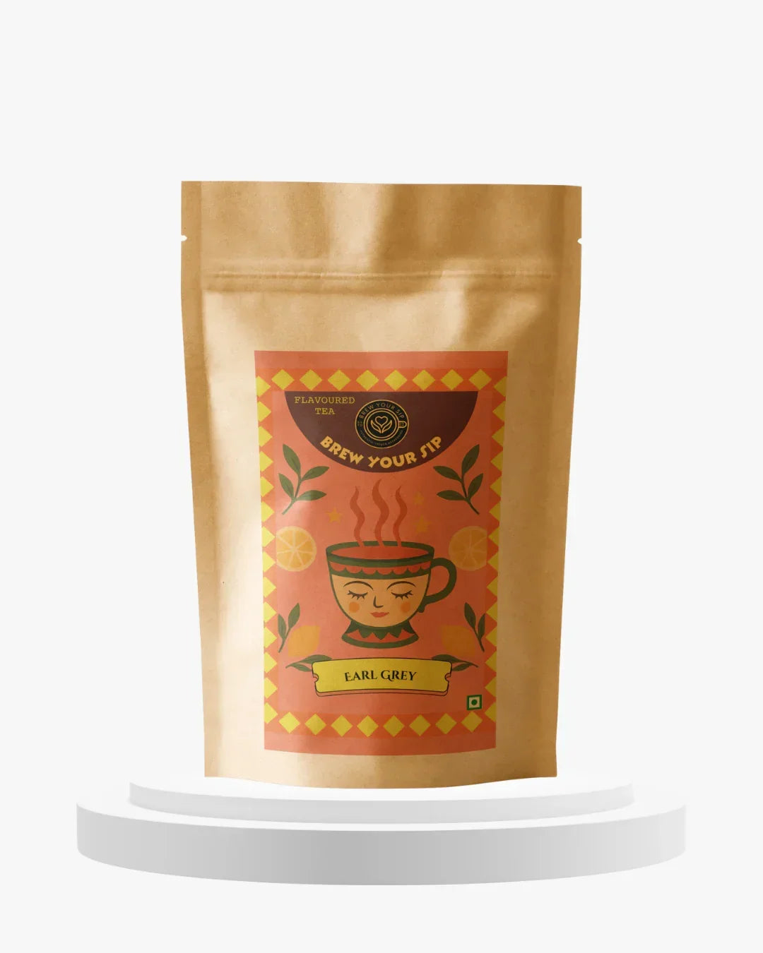 Brown tea packaging with a colorful label on a white background