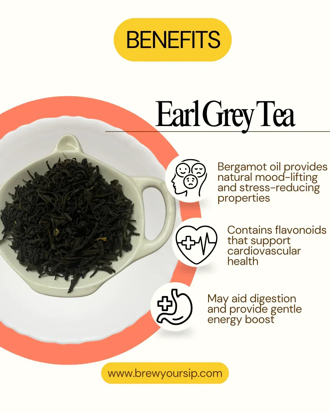 Brew Your Sip Earl Grey Tea Leaves in a white cup