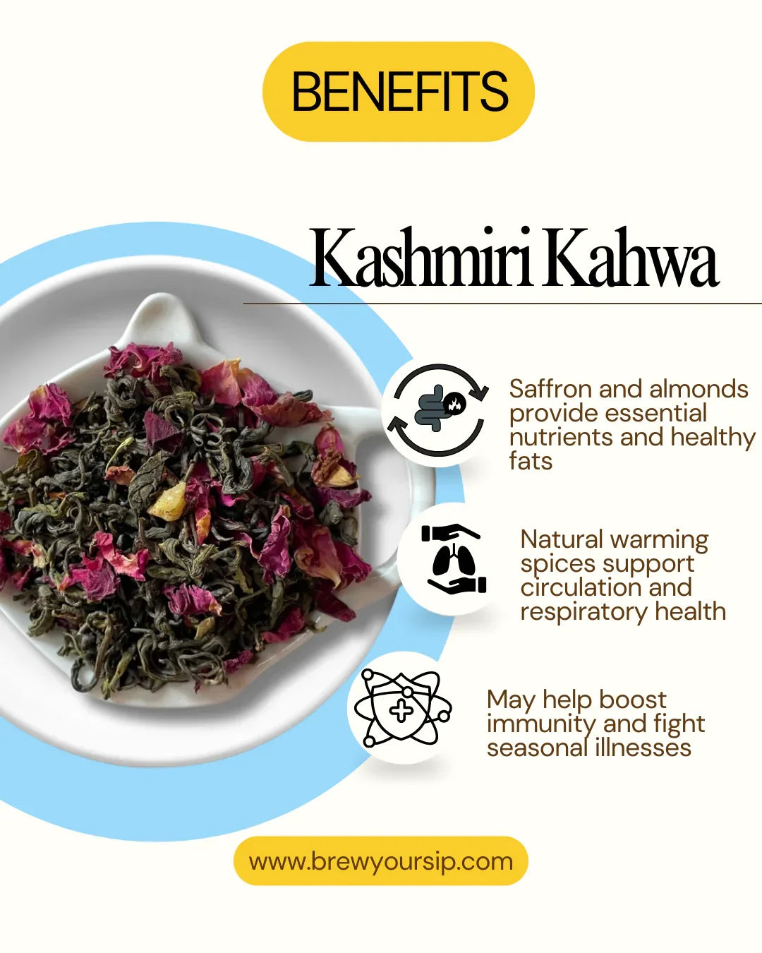 Kashmiri Kahwa tea leaves in a white bowl with health benefits text on a white background