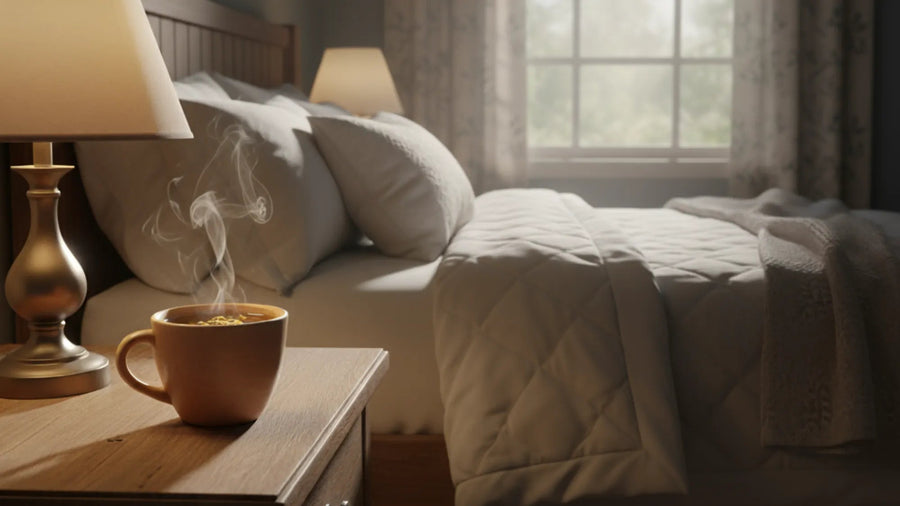 Steaming cup of herbal tea on a bedside table beside a made bed in low evening light