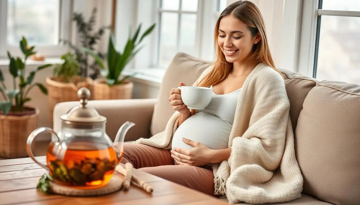 Pregnant woman resting on a sofa beside a glass teapot of herbal tea and potted herbs