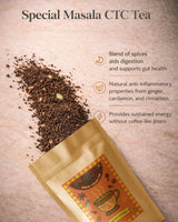 Brew Your Sip Special Masala CTC Tea loose leaves with cardamom pods beside brown kraft resealable pouch