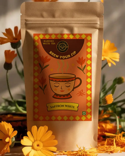 Brew Your Sip's Tea package with a decorative label featuring a cup and saffron flowers in the background