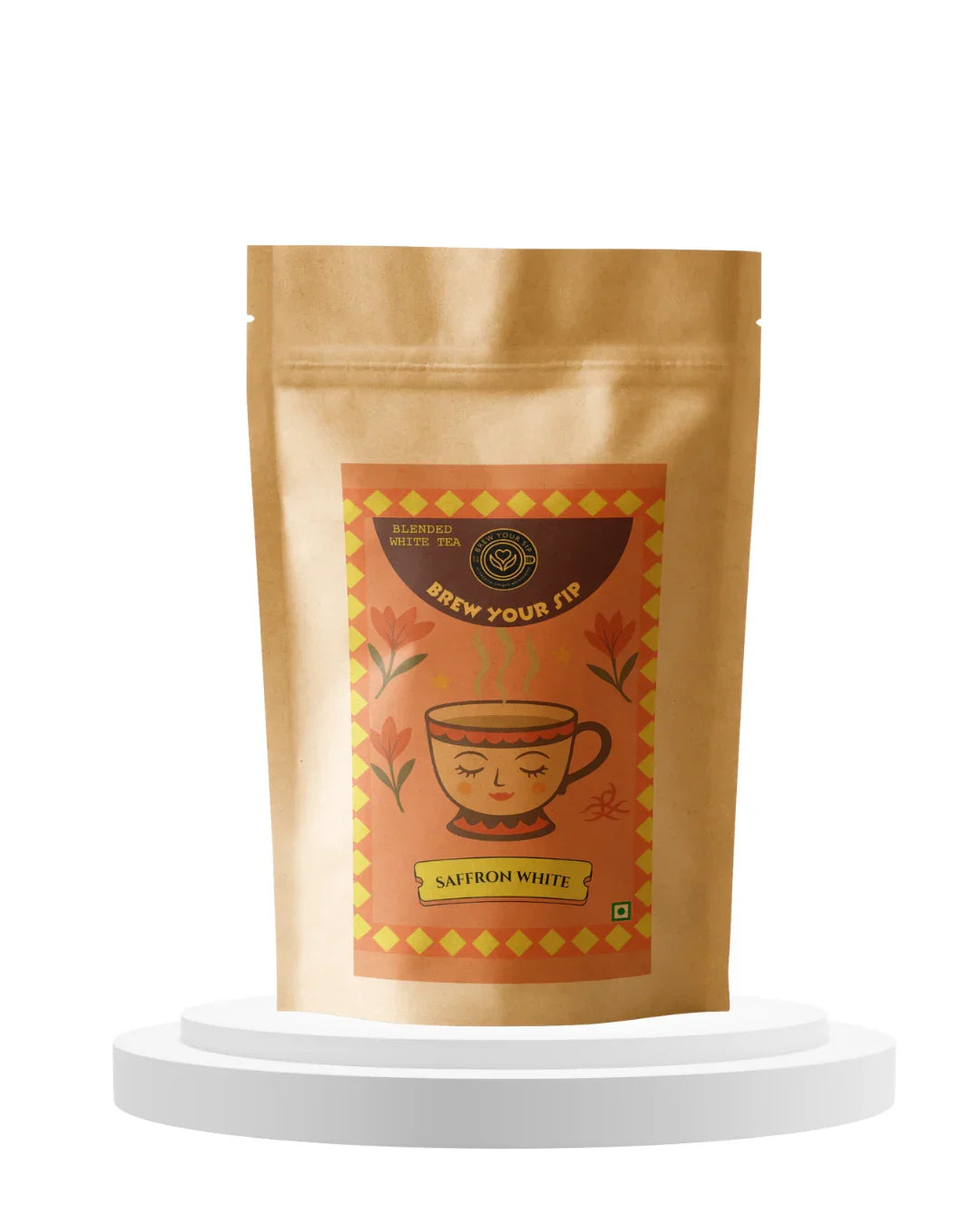 Brown tea packaging with a decorative label on a white background