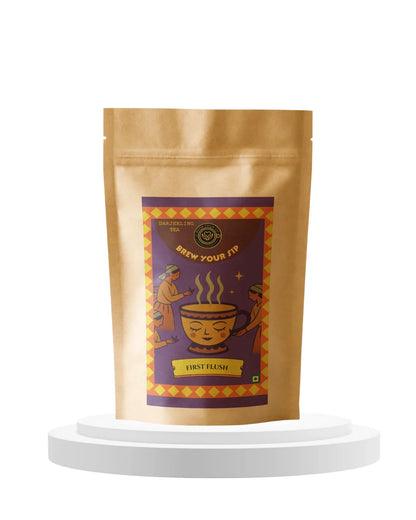 Brew Your Sip's Tea packaging with a purple label on a white background
