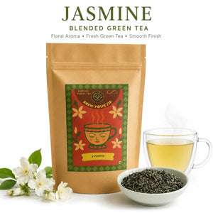 Brew Your Sip Jasmine blended green tea pouch with curled green leaves, jasmine blossoms and a cup of pale tea