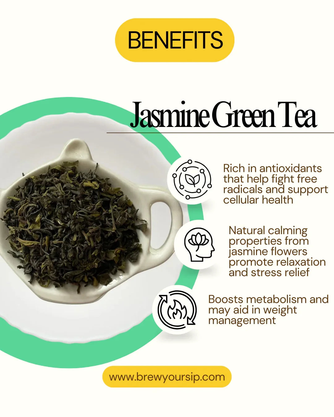 Jasmine green tea with benefits listed on a white background