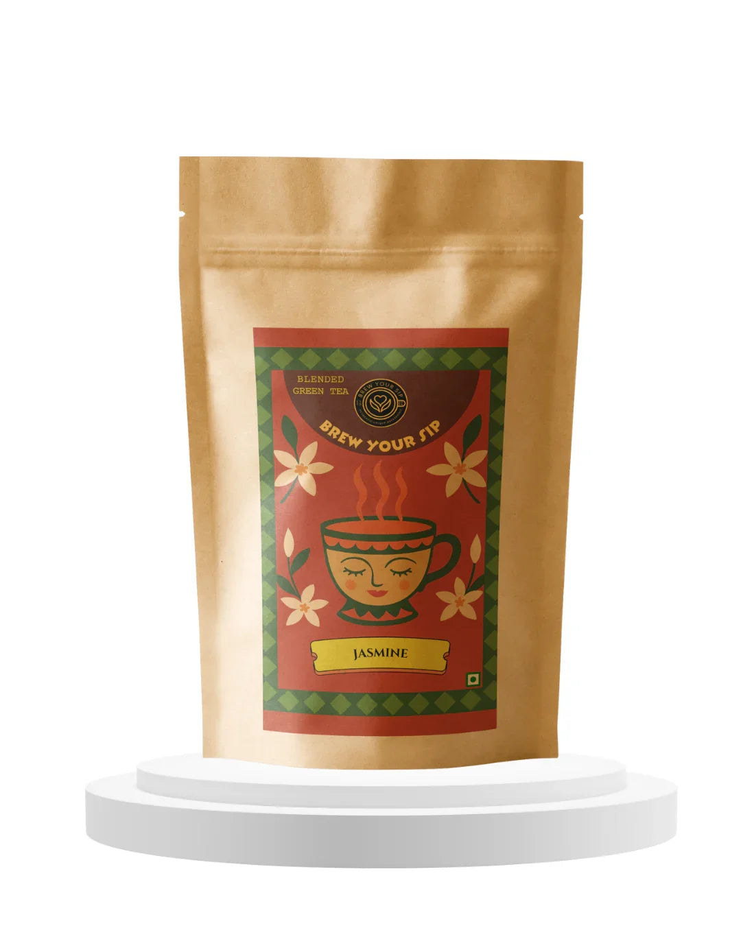 Brew Your Sip Tea package with a red label featuring a cup and flowers on a white background