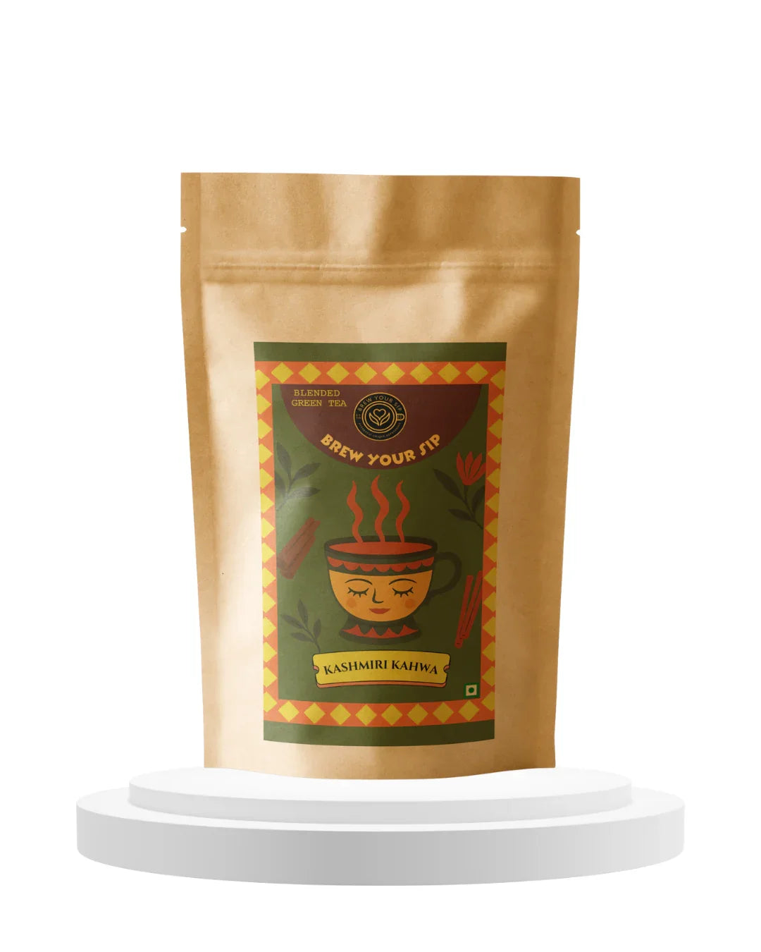 Light brown tea packaging with a colourful label on a white background