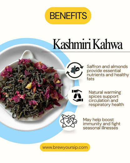 Kashmiri Kahwa tea leaves in a white bowl with health benefits text on a white background