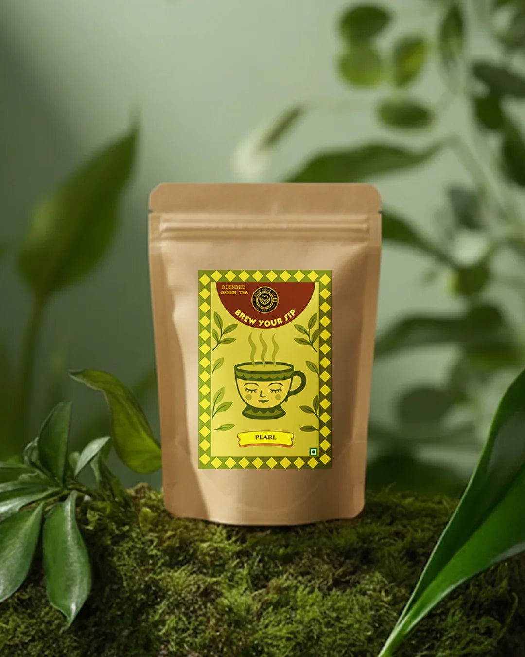Tea package with a green label on a green background