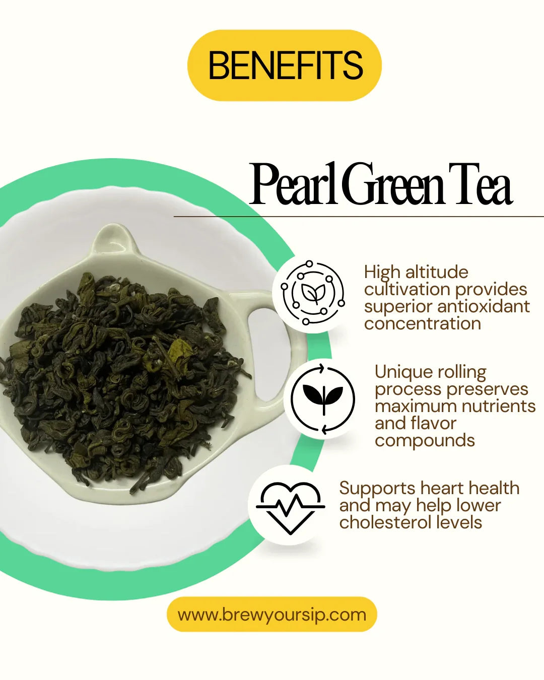 Pearl Green Tea packaging with tea leaves and health benefits text on a white background