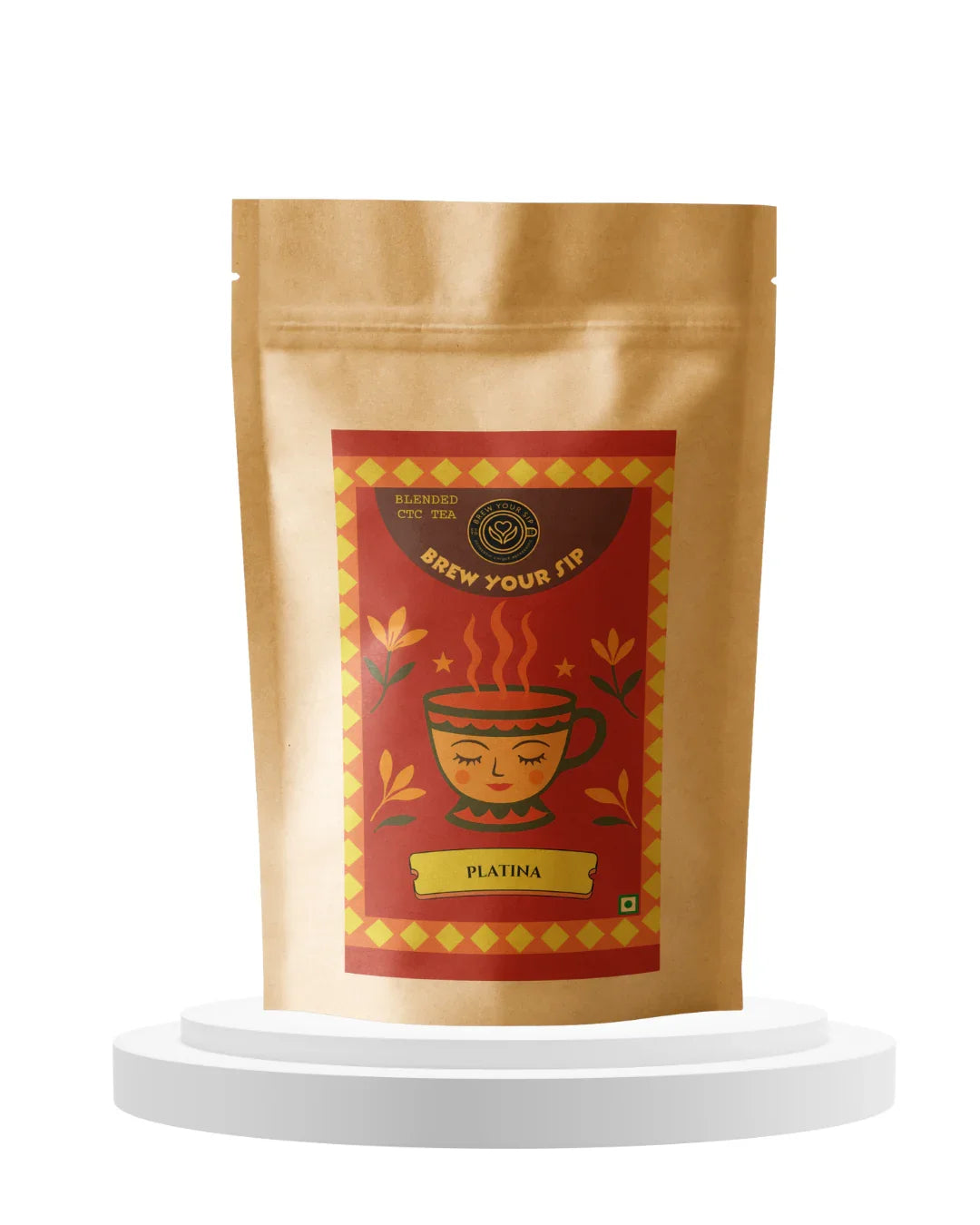light brown tea pack with a red label featuring a cup of tea on a white background