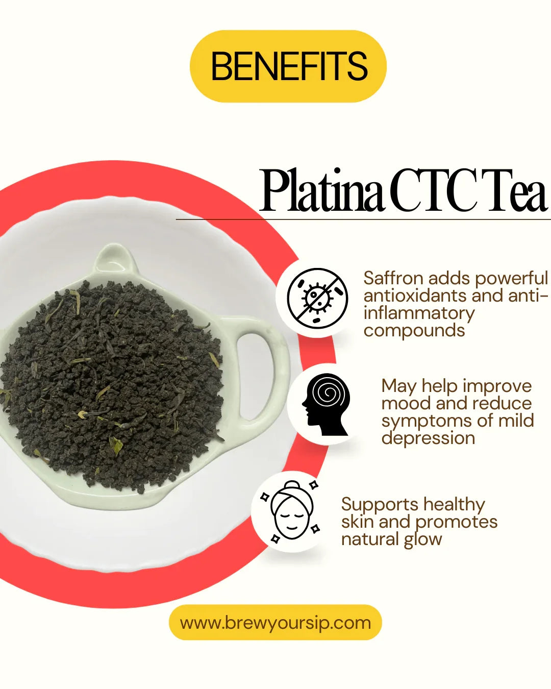 Advertisement for Platina CTC Tea with text about benefits and a cup of tea.