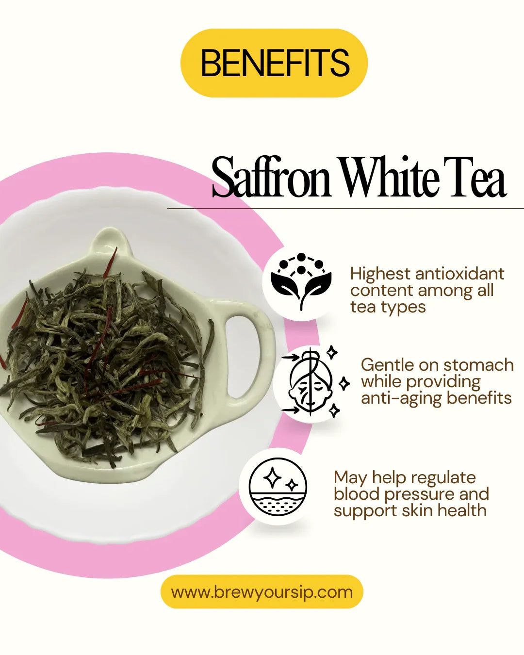 Brew Your Sip's Saffron White Tea with benefits listed on a white background