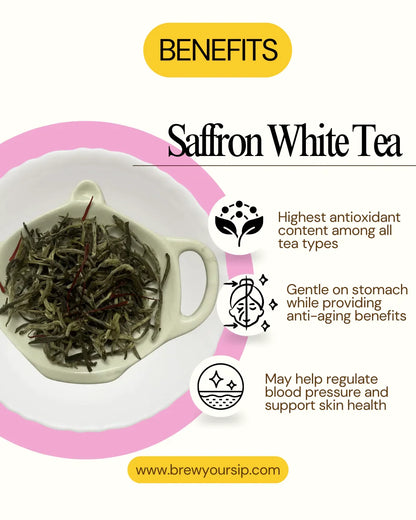 Brew Your Sip's Saffron White Tea with benefits listed on a white background