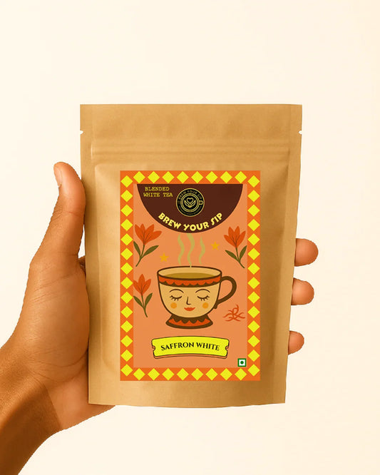 Man holding a Brew Your Sip's white tea light brown pouch