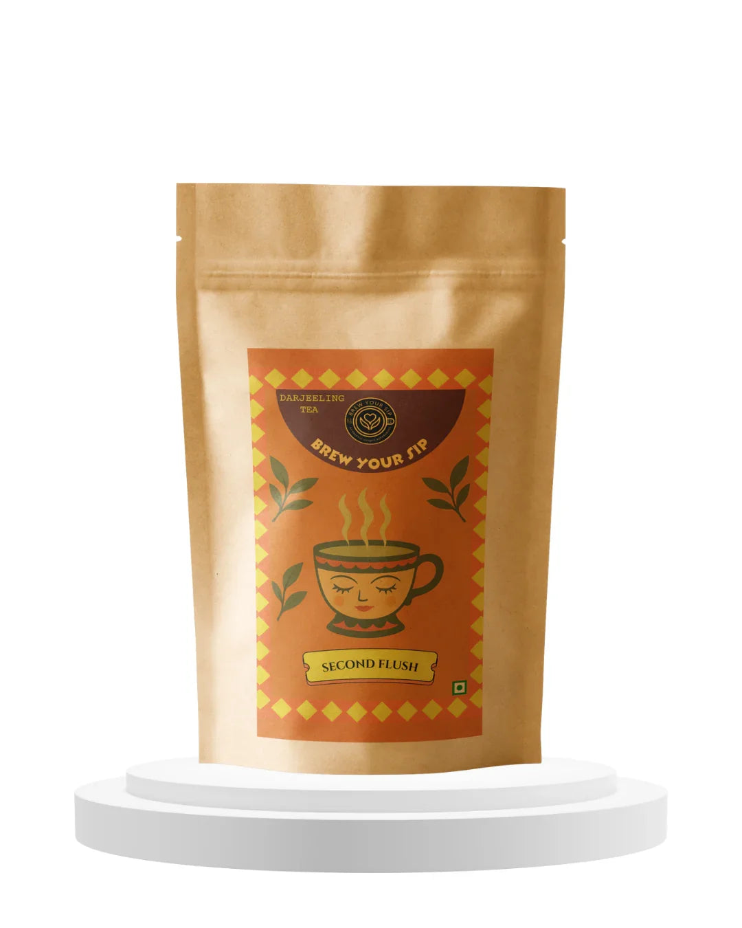Brew Your Sip light brown tea packaging with a label on a white background