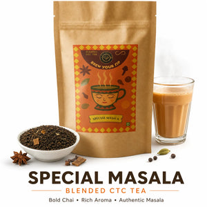 Brew Your Sip Special Masala blended CTC tea pouch with whole spices, CTC granules and a glass of masala chai