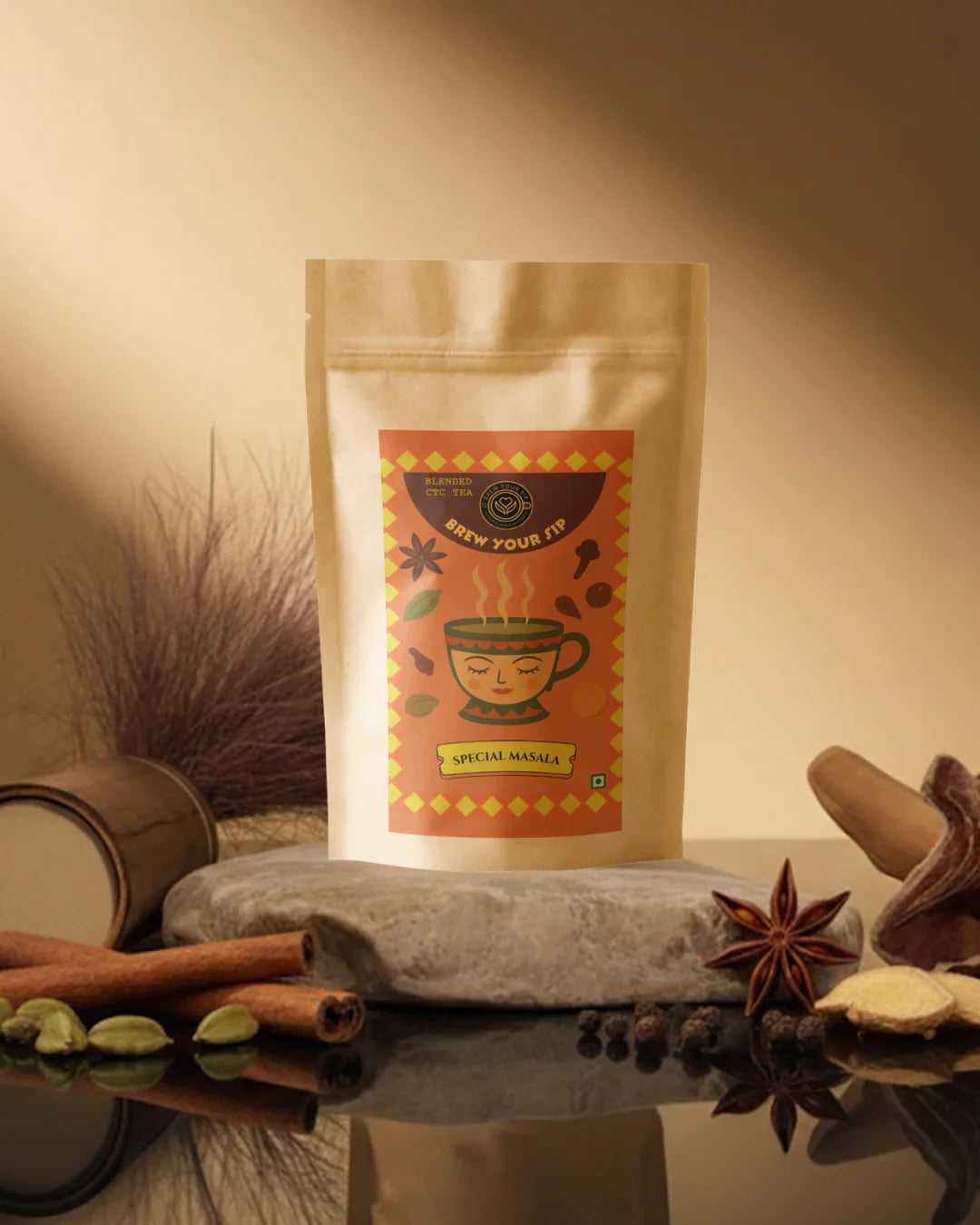 Spice mix packaging with decorative elements on a reflective surface