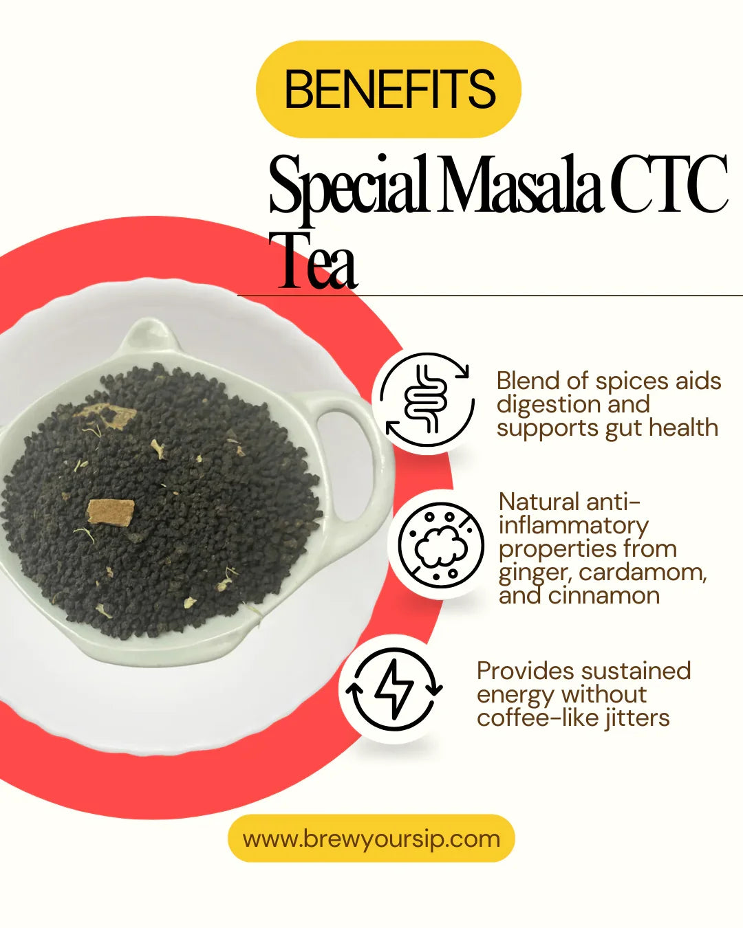 Special Masala CTC tea with health benefits text on a white background