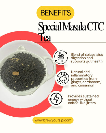 Special Masala CTC tea with health benefits text on a white background