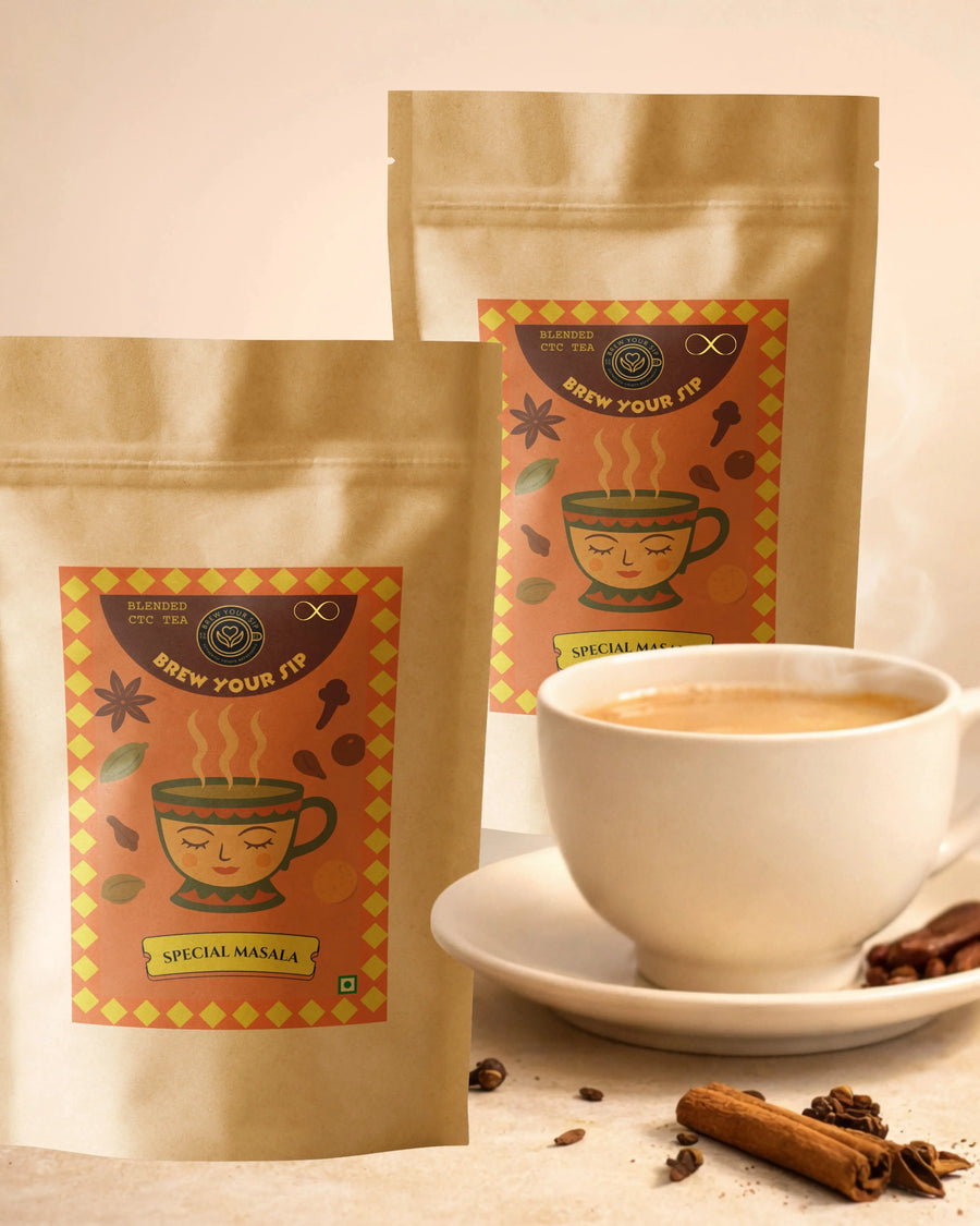 Special Masala Tea Pack of 2 – two 100g resealable kraft pouches of Brew Your Sip spiced chai, 200g total