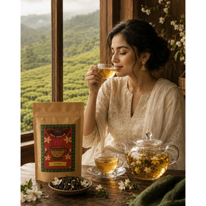 Brew Your Sip Jasmine Green Tea brewed cup – light floral jasmine green tea liquor, calming and refreshing