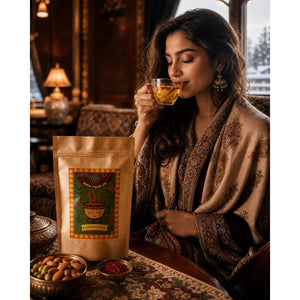 Brew Your Sip Kashmiri Kahwa Tea kraft pouch – traditional spiced green tea with saffron, almonds and cardamom India