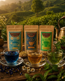 Three wellness sampler pouches with cups of blue, golden and green herbal tea in a garden, view 4