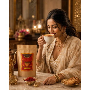 Brew Your Sip Platina CTC Chai brewed cup of rich copper-red milk chai – saffron-infused Assam CTC tea