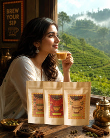 Woman drinking chai at a table with three CTC chai sampler pouches and a tea garden behind, view 2