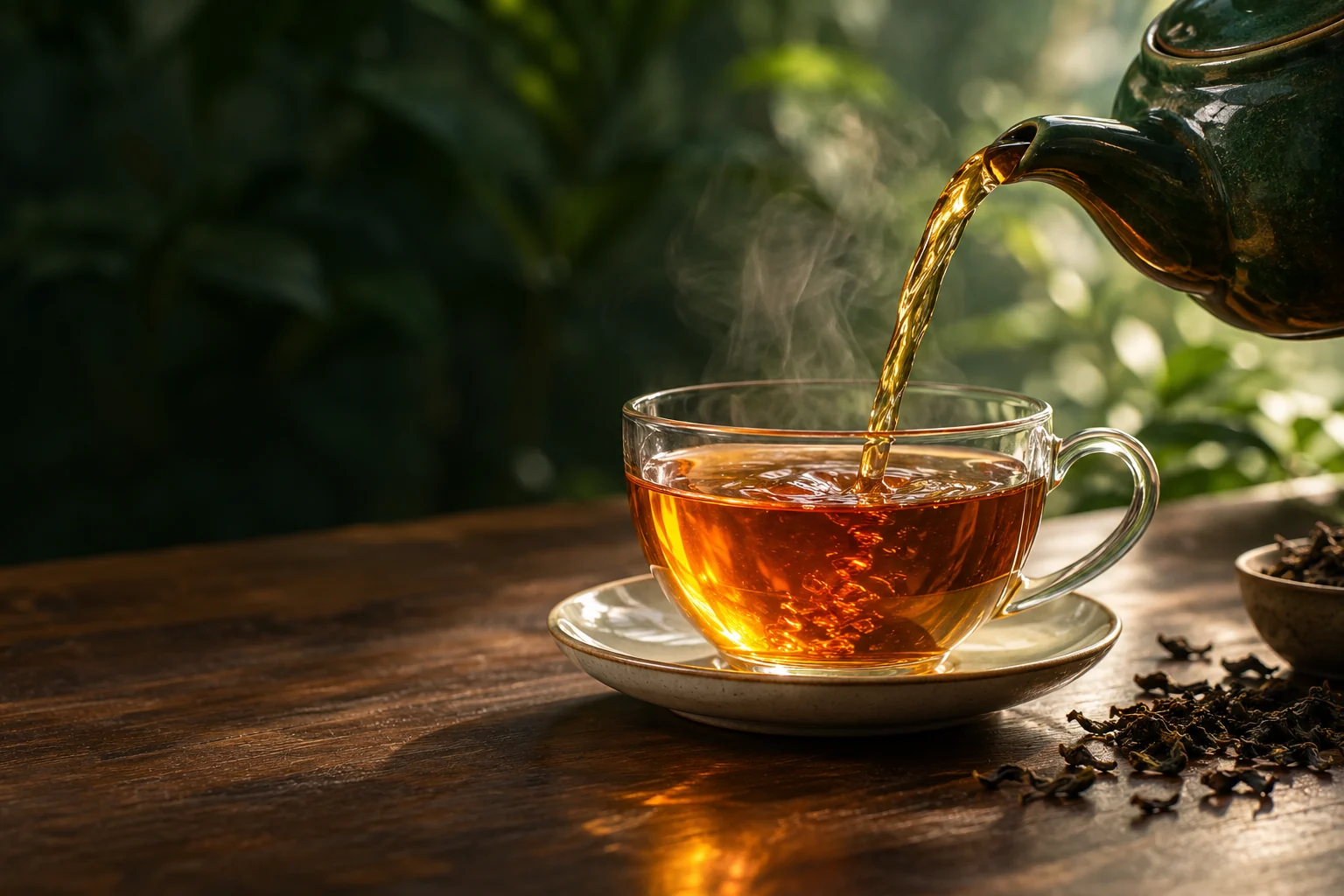 Amber tea being poured into a glass cup