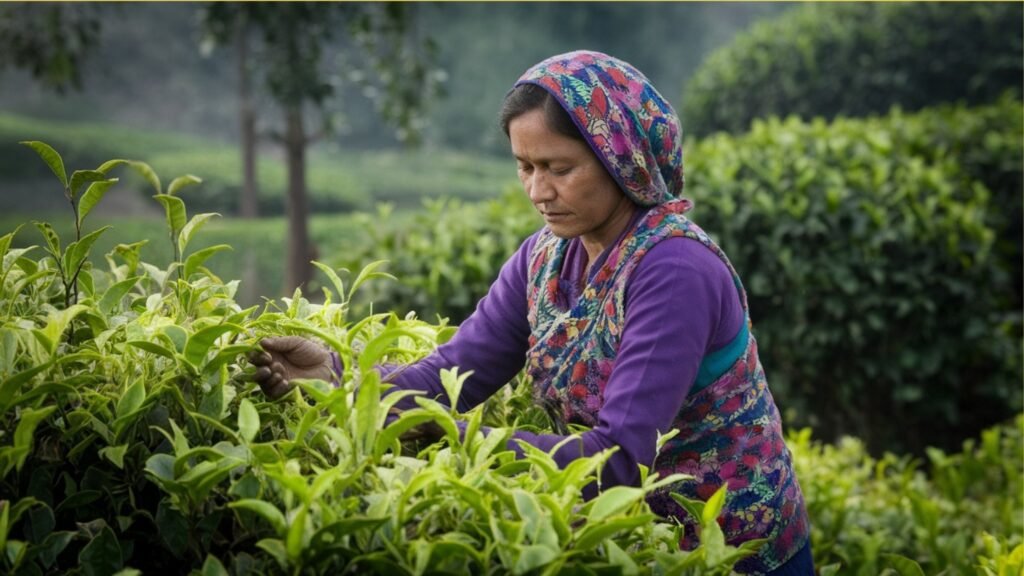 An old lady is plucking tea leaves 