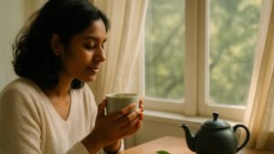 An Indian woman sitting by the window and drinking green tea in a ceramic cup