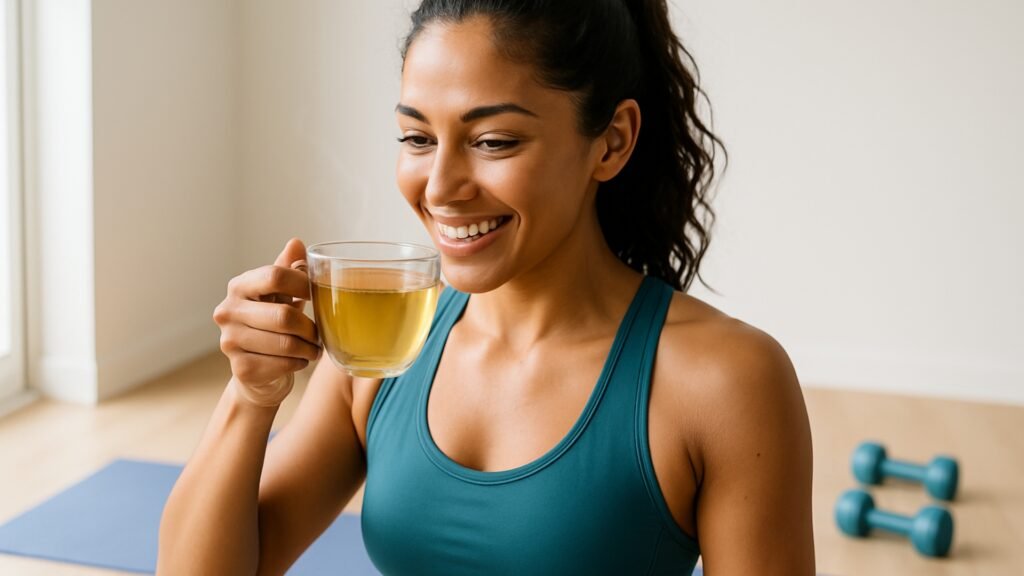 A woman drinking green tea in her pre workout session in the gym