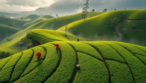 Aerial view of lush green tea gardens in India with workers plucking tea leaves