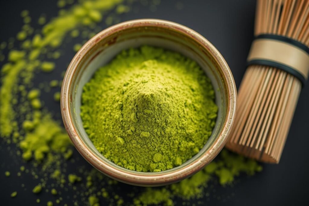 Bright green matcha powder and traditional bamboo whisk