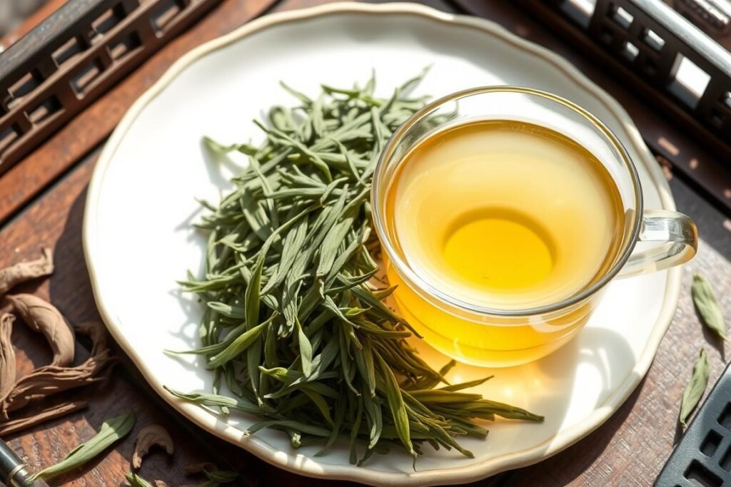 Flat Dragon Well tea leaves and brewed tea in glass