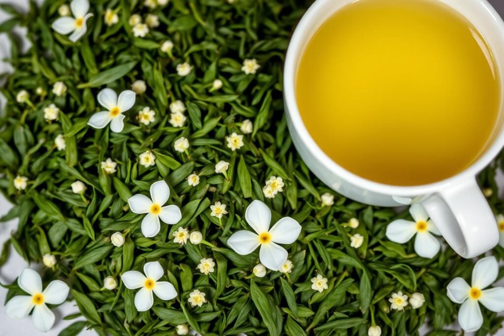 Jasmine green tea leaves with jasmine flowers and brewed tea