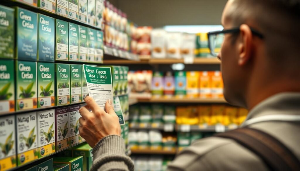 Person examining green tea packaging labels in a store
