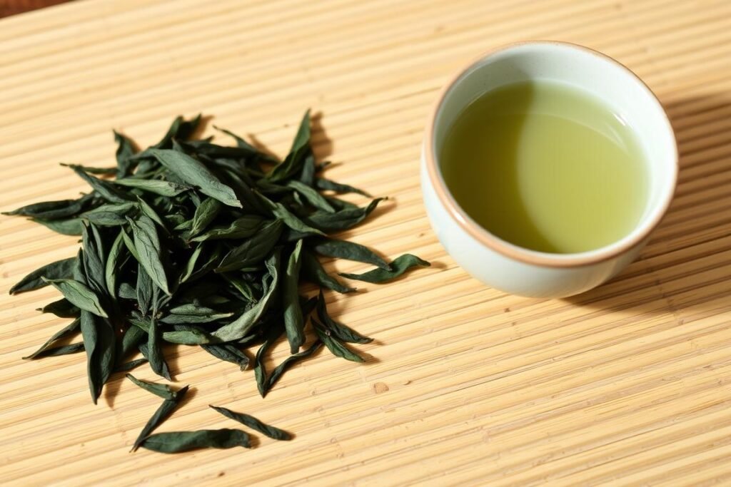 Premium Gyokuro tea leaves and brewed tea in traditional cup