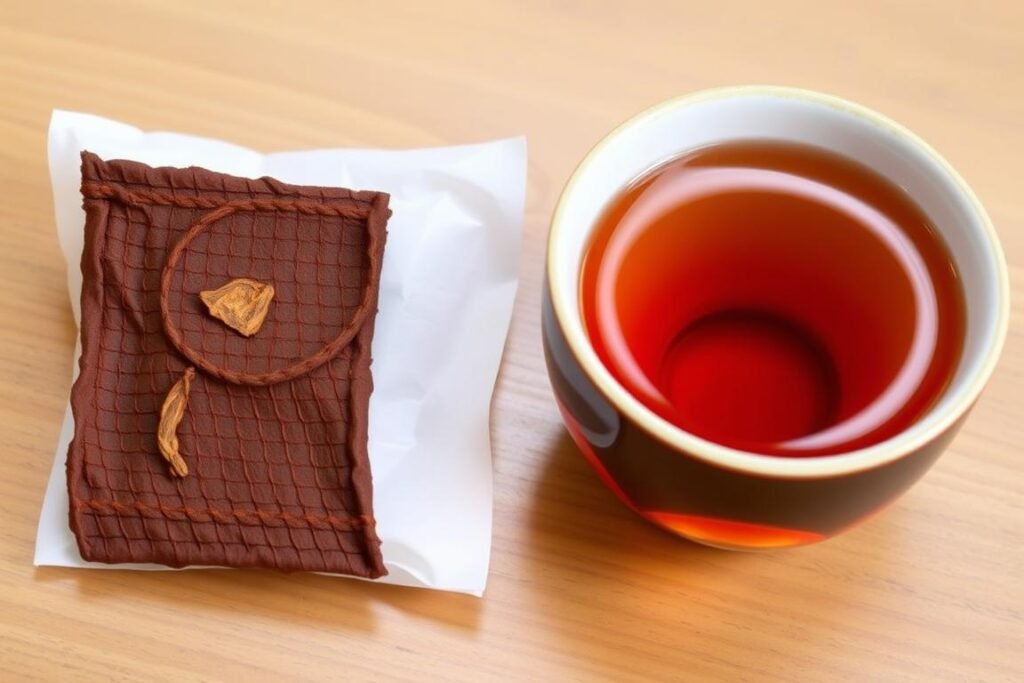 Roasted brown Hojicha tea leaves and brewed tea