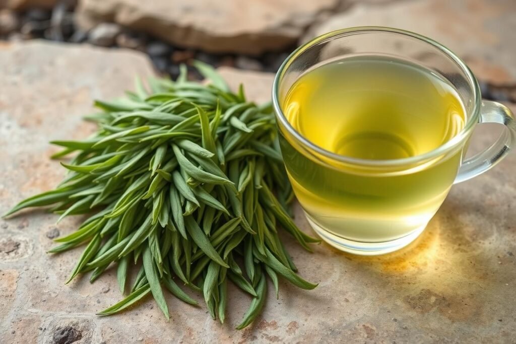 Sencha green tea leaves and brewed tea in glass cup
