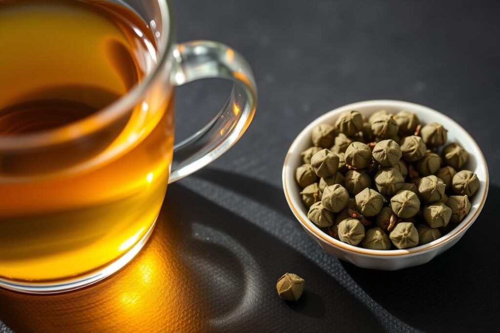 Tightly rolled Gunpowder tea pellets and brewed tea