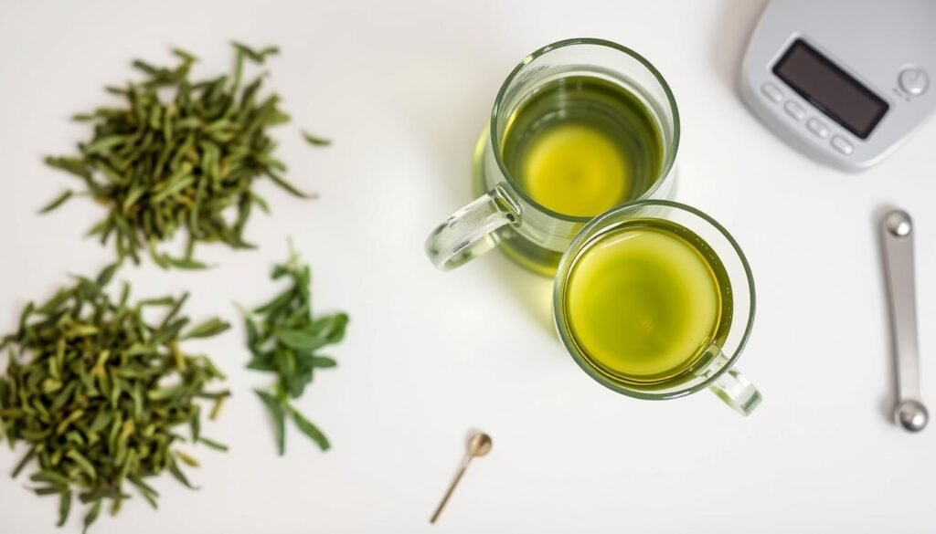 Various green tea preparations with measuring tools