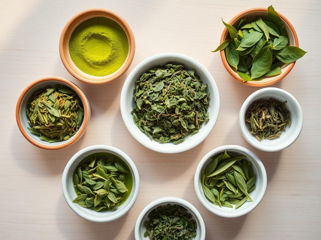 Various types of green tea leaves and powder arranged in small bowls